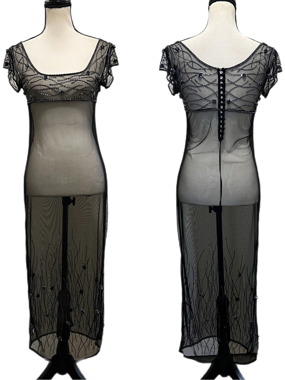Vintage Cache Caché Sheer Mesh Hand Beaded Sequin Floral Maxi Dress & Slip